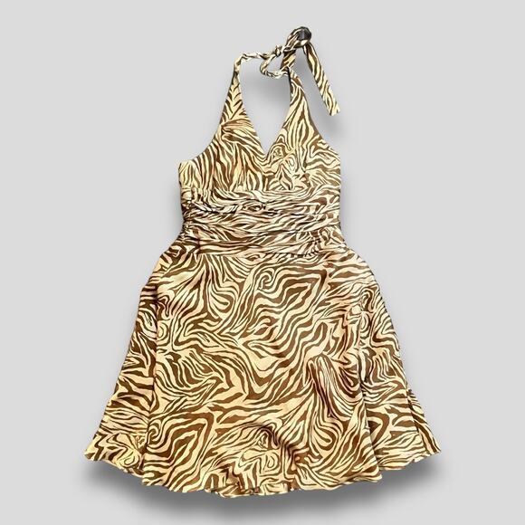 JONES NEW YORK HALTER ANIMAL PRINT SILK SEMI FORMAL SEXY DRESS BROWN LARGE 12 - Picture 1 of 8